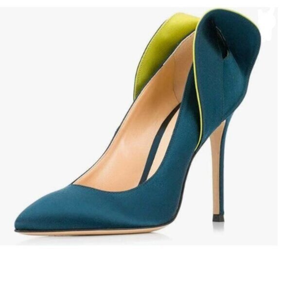 FSJ Teal Retro Pointed Toe Slip on Comfort High Thin Heel Satin Pumps Party Shoe - Picture 1 of 8